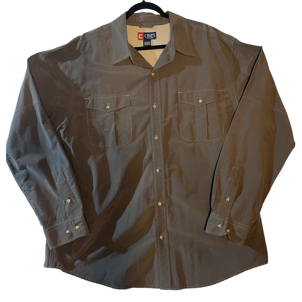 Chaps Long Sleeve Button Up‎ Shirt Men's XXL Gray Utility Pockets
